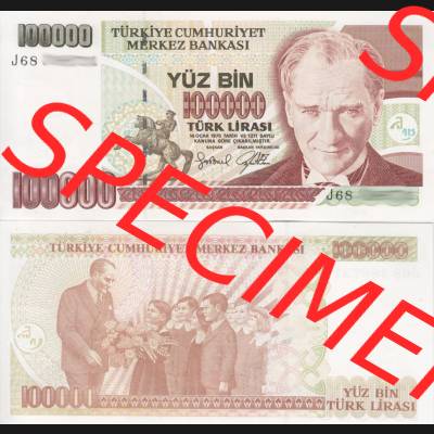 Banknote Türkei 1970, 100000 Lire. Vorderseite und Rückseite auf einen Digitalen Bild der Banknoten der Türkei 1968-1986, Banknoten aus Satz der Banknoten der Türkei... Sammlung