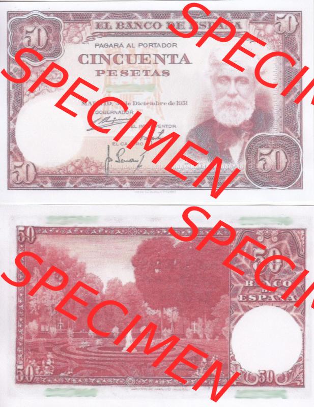 Banknoten Spanien 1951-1956, 50 Peseten. Vorderseite und Rückseite auf einen Digitalen Bild der Banknoten von Spanien 1951-1956, Banknoten aus Satz der Banknoten Spanien 1951-1956... Sammlung