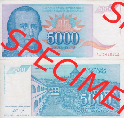 Banknoten Jugoslawien 1994-1994, 5000 Dinar. Vorderseite und Rückseite einer Banknote aus dem nicht mehr existierenden Land Jugoslawien... Sammlung