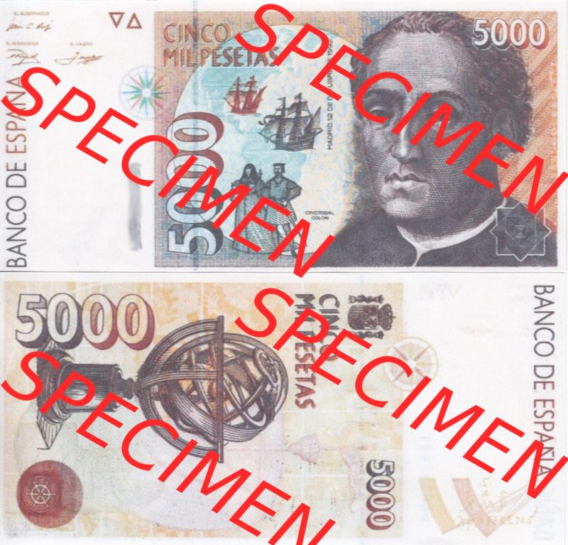 Banknoten Spanien 1992-1996, 5000 Peseten. Vorderseite und Rückseite auf einen Digitalen Bild der Banknoten von Spanien 1992-1996, Banknoten aus Satz der Banknoten Spanien 1992-1996... Sammlung
