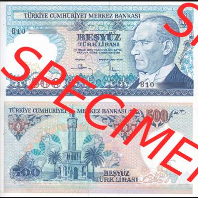 Banknote Türkei 1970, 500 Lire. Vorderseite und Rückseite auf einen Digitalen Bild der Banknoten der Türkei 1968-1986, Banknoten aus Satz der Banknoten der Türkei... Sammlung