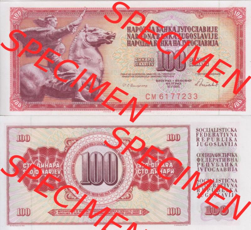 Banknoten Jugoslawien 1978-1986, 100 Dinar. Vorderseite und Rückseite einer Banknote aus dem nicht mehr existierenden Land Jugoslawien auf einen Digitalen Bild, Banknoten aus Satz... Sammlung