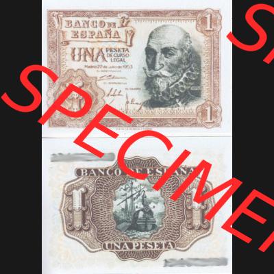 Banknoten Spanien 1953-1953, 1 Peste. Vorderseite und Rückseite auf einen Digitalen Bild der Banknoten von Spanien 1953-1958, Banknoten aus Satz der Banknoten Spanien 1953-1958... Sammlung