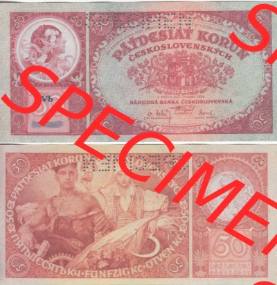 Banknoten Tschechoslowakei 1929-1929, 50 Kronen. Vorderseite und Rückseite auf einen Digitalen Bild der Banknoten der Tschechoslowakei... Sammlung