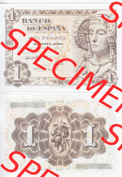 Banknoten Spanien 1948-1948, 1 Pesete. Vorderseite und Rückseite auf einen Digitalen Bild der Banknoten von Spanien 1946-1949,... Sammlung