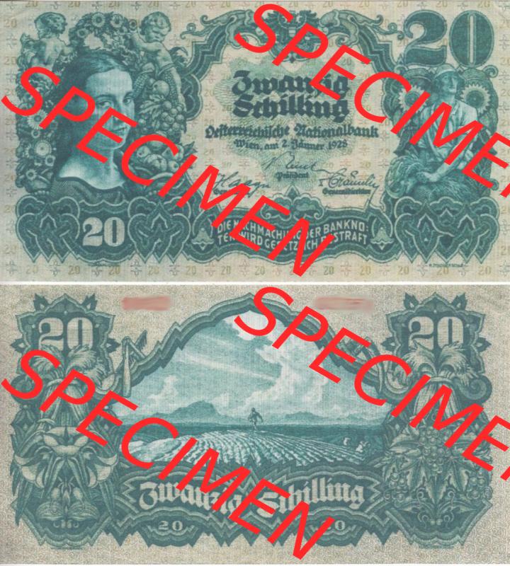 Banknoten Österreich 1928-1928, 20 Schilling. Vorderseite und Rückseite auf einen Digitalen Bild der Banknoten von Österreich 1927-1930, Banknoten aus Satz der Banknoten... Sammlung