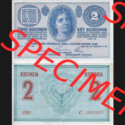 Banknoten Österreich 1914-1914, 2 Kronen Serie C. Vorderseite und Rückseite auf einen Digitalen Bild der Banknoten von Österreich 1913-1919, Banknoten aus Satz der Banknoten... Sammlung