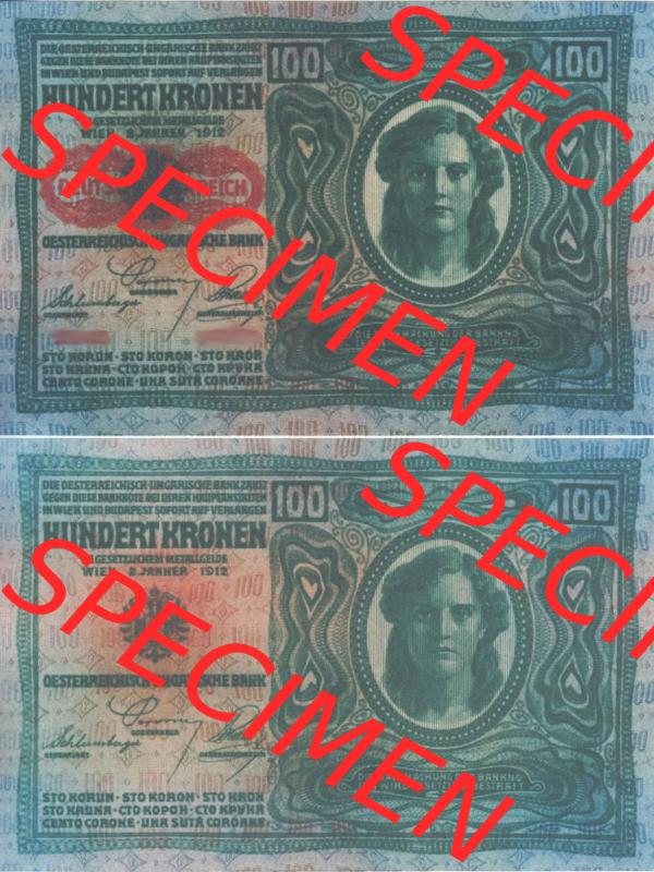 Banknoten Österreich 1919-1919, 100 Kronen Deutschösterreich. Vorderseite und Rückseite auf einen Digitalen Bild der Banknoten von Österreich 1919-1919 Deutschösterreich,... Sammlung