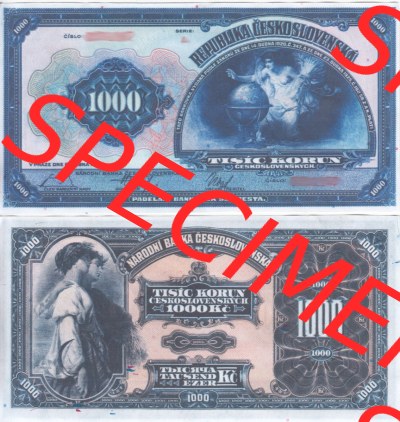 Banknoten Tschechoslowakei 1932-1932, 1000 Kronen. Vorderseite und Rückseite auf einen Digitalen Bild der Banknoten der Tschechoslowakei... Sammlung