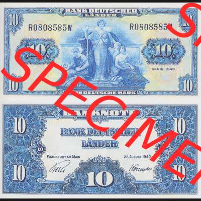 BRD Deutschland Bank Deutscher Länder 1949, 10 DM Deutsche Mark. Vorderseite und Rückseite auf einen Digitalen Bild der Banknoten Deutschland 1948 der Bank Deutscher Länder,... Sammlung