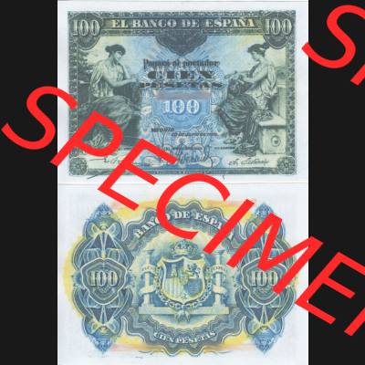 Banknoten Spanien 1906-1906, 100 Peseten. Vorderseite und Rückseite auf einen Digitalen Bild der Banknoten von Spanien 1906, Banknoten aus Satz der Banknoten Spanien 1906 Peseten-Währung... Sammlung