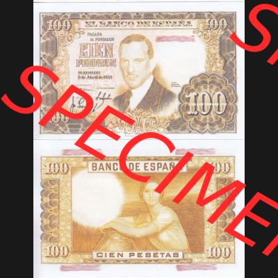 Banknoten Spanien 1953-1953, 100 Peseten. Vorderseite und Rückseite auf einen Digitalen Bild der Banknoten von Spanien 1953-1958, Banknoten aus Satz der Banknoten Spanien 1953-1958... Sammlung