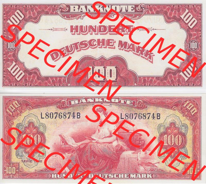 BRD Deutschland Alliierte Besetzung 1948, 100 Deutsche Mark. Vorderseite und Rückseite auf einen Digitalen Bild der Banknoten Deutschland 1948 der Alliierte Besetzung, Banknoten... Sammlung