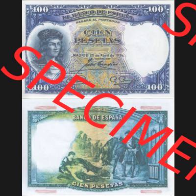 Banknoten Spanien 1931-1931, 100 Peseten. Vorderseite und Rückseite auf einen Digitalen Bild der Banknoten von Spanien 1931, Banknoten aus Satz der Banknoten Spanien 1931 in der... Sammlung