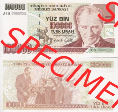 Banknote Türkei 1970, 100000 Lire. Vorderseite und Rückseite auf einen Digitalen Bild der Banknoten der Türkei 1968-1986, Banknoten... Sammlung