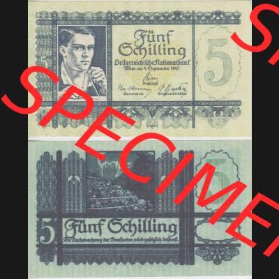 Banknoten Österreich 1945-1945, 5 Schilling. Vorderseite und Rückseite auf einen Digitalen Bild der Banknoten von Österreich 1945-1947, Banknoten aus Satz der Banknoten... Sammlung