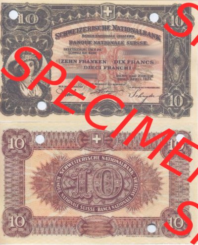 Banknoten Schweiz 1921-1921, 10 Franken. Vorderseite und Rückseite auf einen Digitalen Bild der Banknoten der Schweiz 1913-1955,... Sammlung