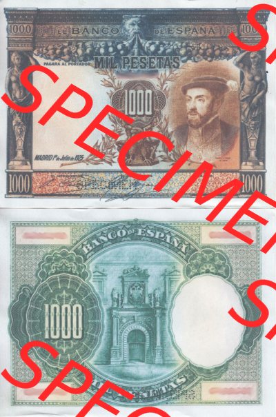 Banknoten Spanien 1925-1925, 1000 Peseten. Vorderseite und Rückseite auf einen Digitalen Bild der Banknoten von Spanien 1925,... Sammlung