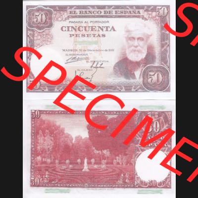 Banknoten Spanien 1951-1956, 50 Peseten. Vorderseite und Rückseite auf einen Digitalen Bild der Banknoten von Spanien 1951-1956, Banknoten aus Satz der Banknoten Spanien 1951-1956... Sammlung