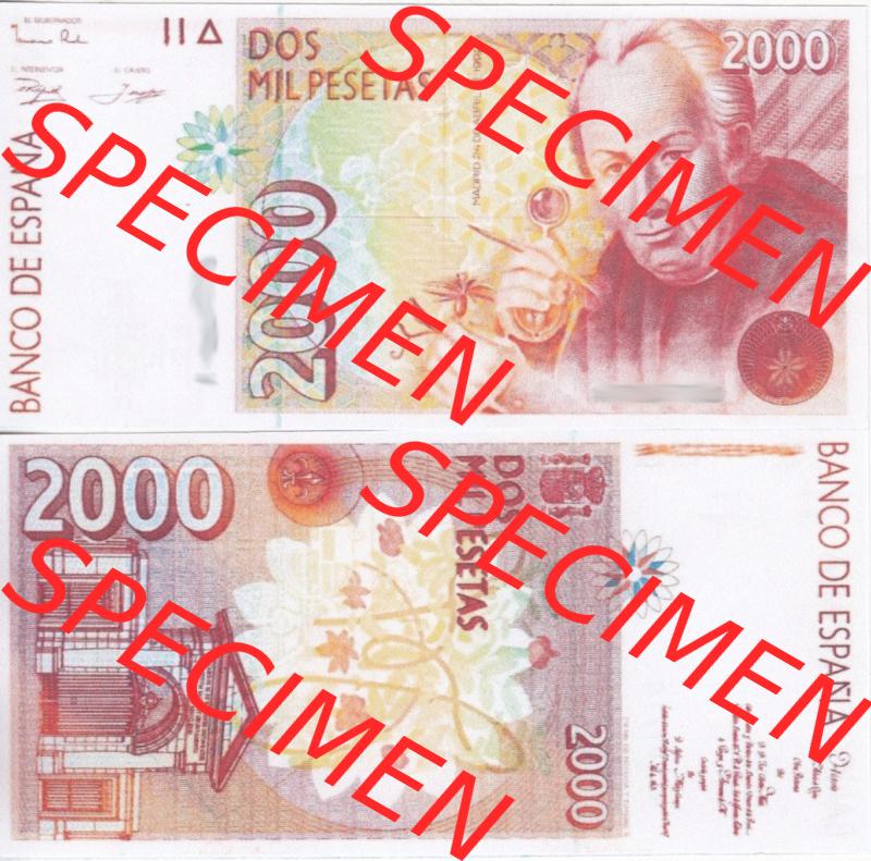 Banknoten Spanien 1992-1996, 2000 Peseten 2 Seriennummern. Vorderseite und Rückseite auf einen Digitalen Bild der Banknoten von Spanien 1992-1996, Banknoten aus Satz der Banknoten... Sammlung
