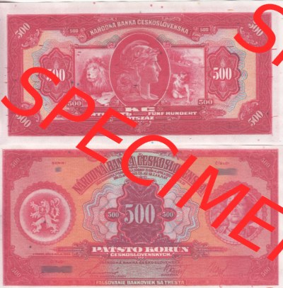 Banknoten Tschechoslowakei 1929-1929, 500 Kronen. Vorderseite und Rückseite auf einen Digitalen Bild der Banknoten der Tschechoslowakei... Sammlung