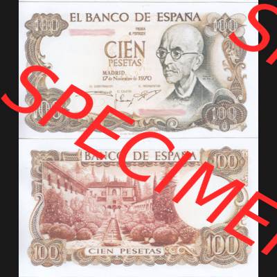Banknoten Spanien 1970-1974, 100 Peseten. Vorderseite und Rückseite auf einen Digitalen Bild der Banknoten von Spanien 1965-1978, Banknoten aus Satz der Banknoten Spanien 1965-1978... Sammlung