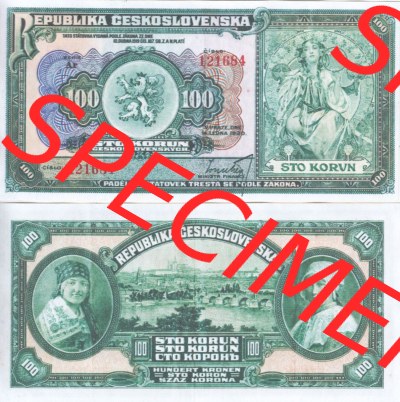 Banknoten Tschechoslowakei 1920-1920, 100 Kronen. Vorderseite und Rückseite auf einen Digitalen Bild der Banknoten der Tschechoslowakei... Sammlung