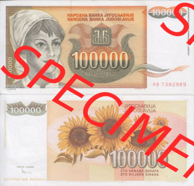 Banknoten Jugoslawien 1993-1993, 100000 Dinar. Vorderseite und Rückseite einer Banknote aus dem nicht mehr existierenden Land... Sammlung