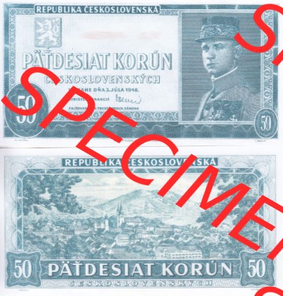 Banknoten Tschechoslowakei 1948-1948, 50 Kronen, Pätdesiat Korun. Vorderseite und Rückseite auf einen Digitalen Bild der Banknoten... Sammlung