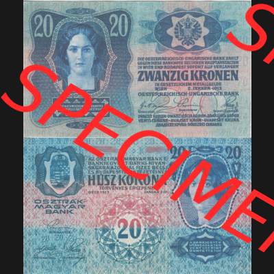 Banknoten Österreich 1913-1913, 20 Kronen. Vorderseite und Rückseite auf einen Digitalen Bild der Banknoten von Österreich 1913-1919, Banknoten aus Satz der Banknoten... Sammlung