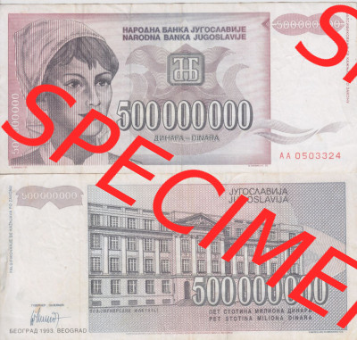 Banknoten Jugoslawien 1993-1993, 500000000 Dinar. Vorderseite und Rückseite einer Banknote aus dem nicht mehr existierenden Land... Sammlung