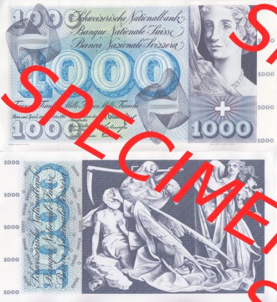 Banknoten Schweiz 1954-1974, 1000 Franken. Vorderseite und Rückseite auf einen Digitalen Bild der Banknoten der Schweiz 1954-1977,... Sammlung