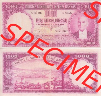 Banknote Türkei 1953, P172, 1000 Lira. Vorderseite und Rückseite auf einen Digitalen Bild der Banknoten der Türkei 1951-1960,... Sammlung