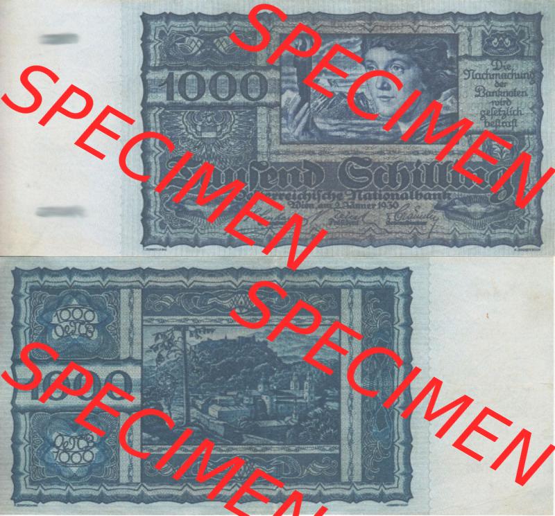 Banknoten Österreich 1930-1930, 1000 Schilling. Vorderseite und Rückseite auf einen Digitalen Bild der Banknoten von Österreich 1927-1930, Banknoten aus Satz der Banknoten... Sammlung