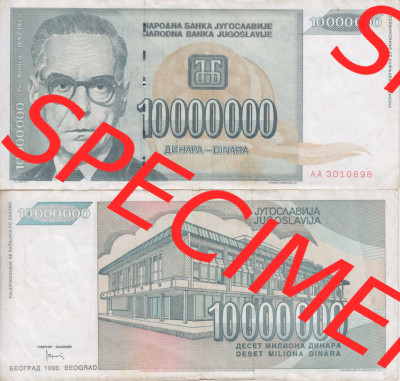 Banknoten Jugoslawien 1993-1993, 10000000 Dinar. Vorderseite und Rückseite einer Banknote aus dem nicht mehr existierenden Land... Sammlung