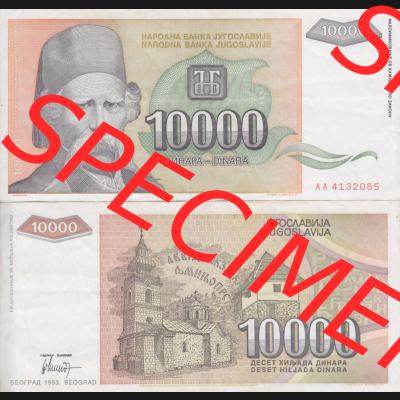 Banknoten Jugoslawien 1993-1993, 10000 Dinar. Vorderseite und Rückseite einer Banknote aus dem nicht mehr existierenden Land Jugoslawien auf einen Digitalen Bild, Banknoten aus... Sammlung