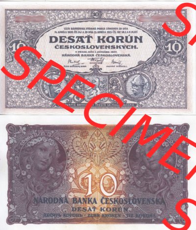 Banknoten Tschechoslowakei 1927-1927, 10 Kronen. Vorderseite und Rückseite auf einen Digitalen Bild der Banknoten der Tschechoslowakei... Sammlung
