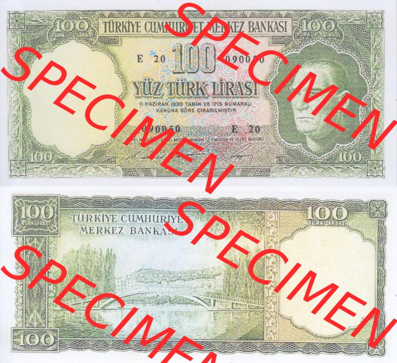 Banknote Türkei 1952, P167, 100 Lira. Vorderseite und Rückseite auf einen Digitalen Bild der Banknoten der Türkei 1951-1960, Banknoten aus Satz der Banknoten der... Sammlung