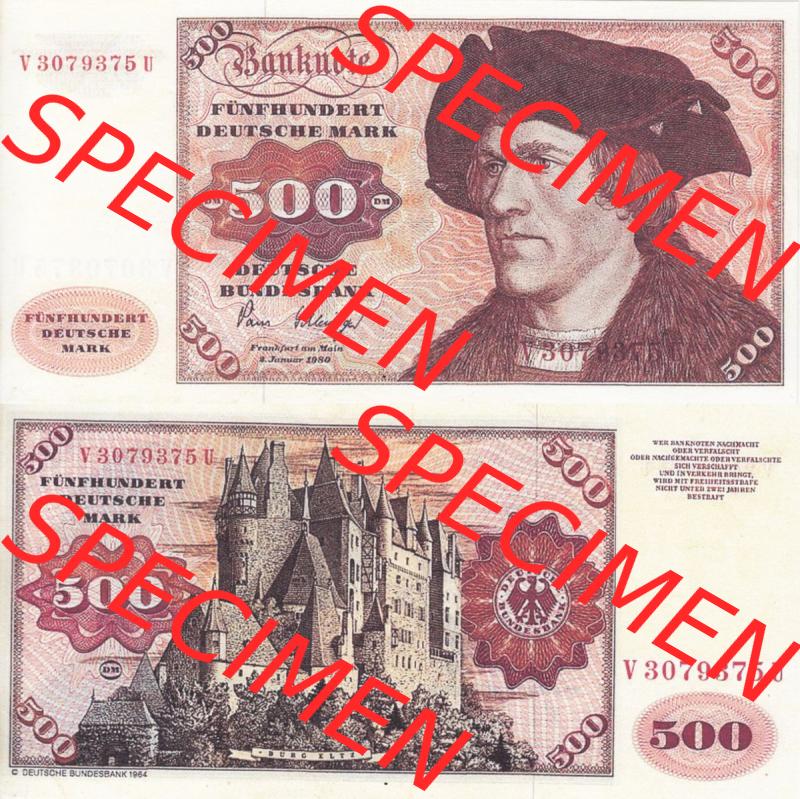 BRD Deutschland Deutsche Bundesbank 1980, 500 DM-Deutsche Mark. Vorderseite und Rückseite auf einen Digitalen Bild der Banknoten Deutschland Deutsche Bundesbank 1980, Banknoten... Sammlung