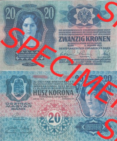 Banknoten Österreich 1913-1913, 20 Kronen. Vorderseite und Rückseite auf einen Digitalen Bild der Banknoten von Österreich... Sammlung