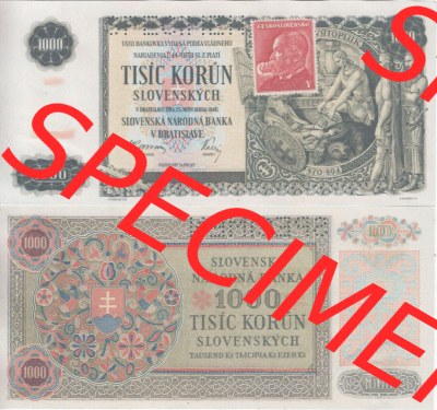 Banknoten Tschechoslowakei 1945-1945, 1000 Kronen I mit aufgeklebter Briefmarke, Geldscheine mit Briefmarken der provisorischen... Sammlung