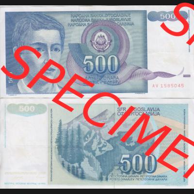 Banknoten Jugoslawien 1990-1990, 500 Dinar. Vorderseite und Rückseite einer Banknote aus dem nicht mehr existierenden Land Jugoslawien auf einen Digitalen Bild, Banknoten aus Satz... Sammlung