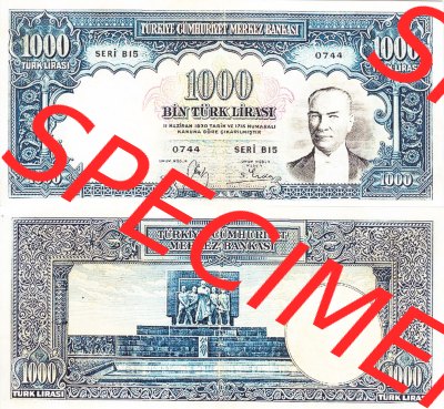 Banknote Türkei 1939, P132, 1000 Lira. Vorderseite und Rückseite auf einen Digitalen Bild der Banknoten der Türkei 1937-1939,... Sammlung