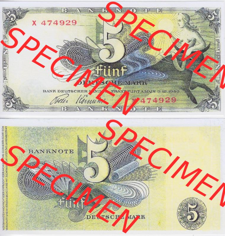 BRD Deutschland Bank Deutscher Länder 1948, 5 DM Deutsche Mark. Vorderseite und Rückseite auf einen Digitalen Bild der Banknoten Deutschland 1948 der Bank Deutscher Länder,... Sammlung