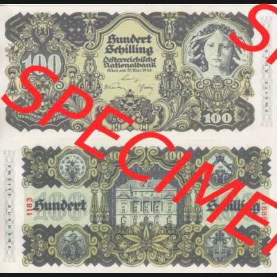 Banknoten Österreich 1945-1945, 100 Schilling Zweite Ausgabe. Vorderseite und Rückseite auf einen Digitalen Bild der Banknoten von Österreich 1945 Schilling, Banknoten... Sammlung
