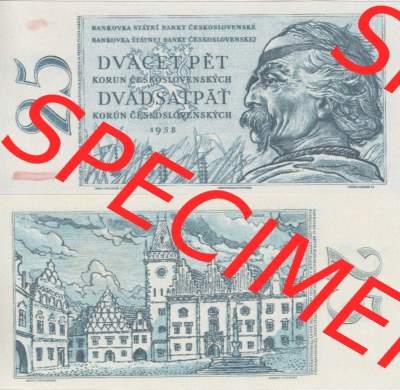 Banknoten Tschechoslowakei 1958-1958, 25 Kronen. Vorderseite und Rückseite auf einen Digitalen Bild der Banknoten der Tschechoslowakei... Sammlung