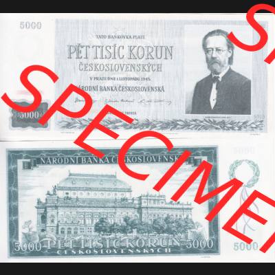 Banknoten Tschechoslowakei 1945-1945, 5000 Kronen, Pet-Tisic Korun. Vorderseite und Rückseite auf einen Digitalen Bild der Banknoten der Tschechoslowakei 1945-1953, Banknoten... Sammlung