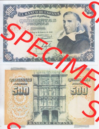 Banknoten Spanien 1946-1949, 500 Peseten. Vorderseite und Rückseite auf einen Digitalen Bild der Banknoten von Spanien 1946-1949,... Sammlung