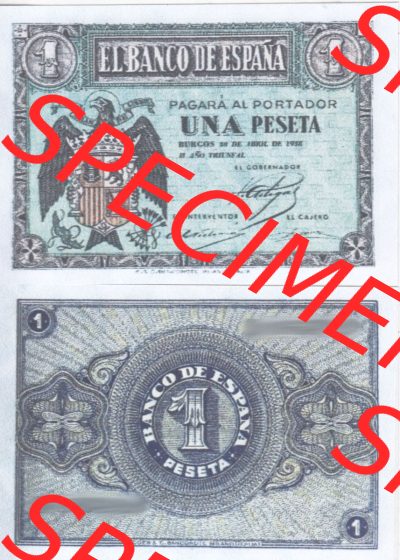 Banknoten Spanien 1938-1938, 1 Pesete April 1938. Vorderseite und Rückseite auf einen Digitalen Bild der Banknoten von Spanien... Sammlung