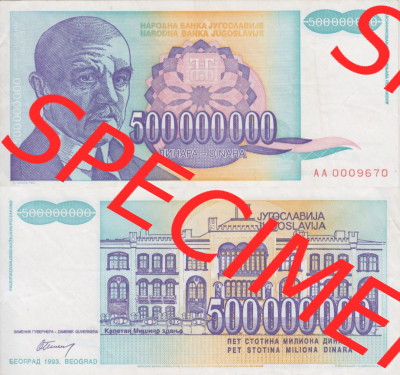 Banknoten Jugoslawien 1993-1993, 500000000 Dinar. Vorderseite und Rückseite einer Banknote aus dem nicht mehr existierenden Land... Sammlung